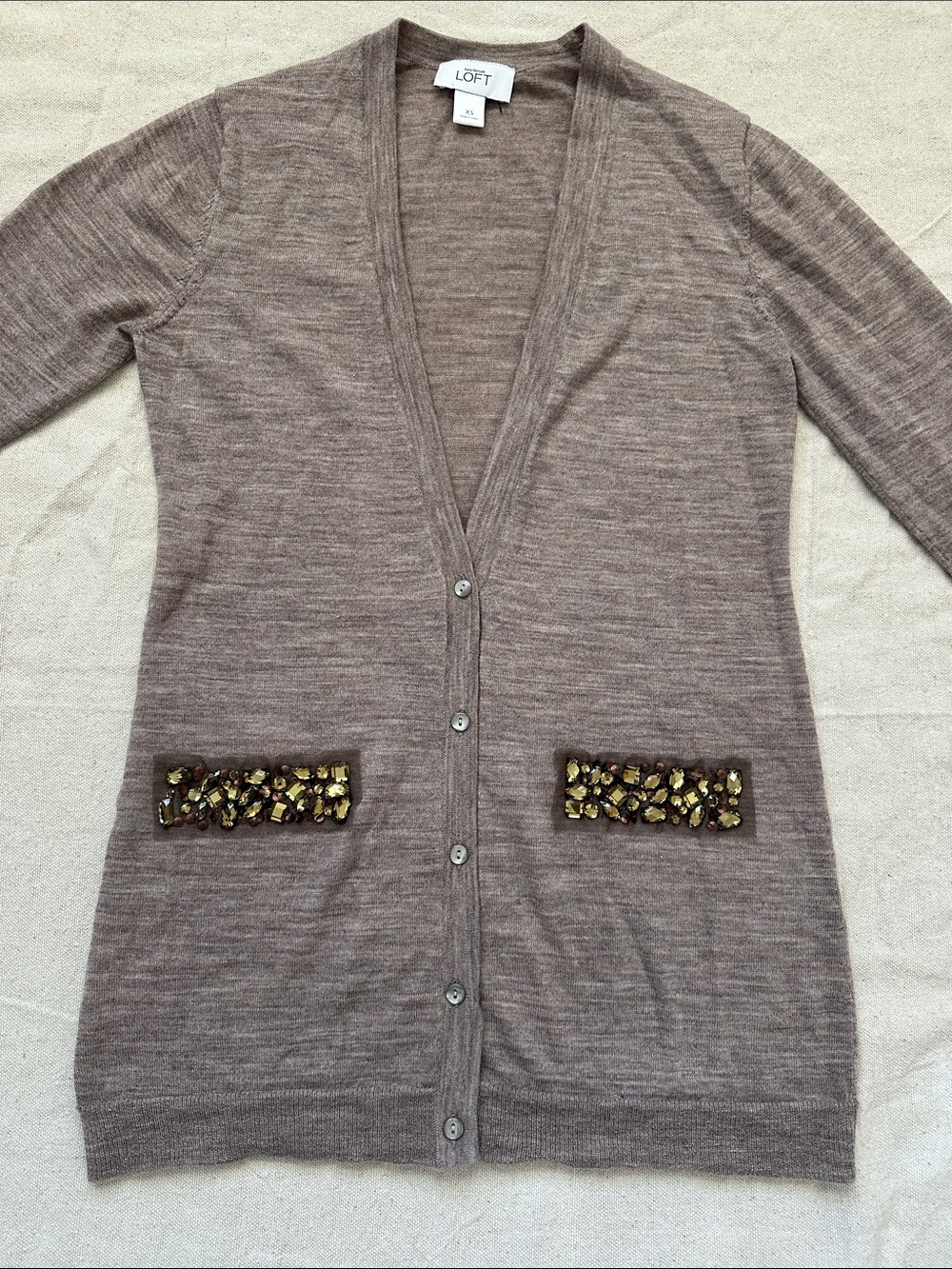 Ann Taylor LOFT Wool Blend Embellished Long Sleeve Taupe Cardigan Sweater XS - Picture 9 of 9